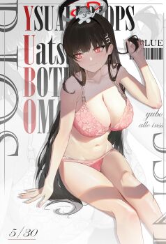 1boy 1girl absurdres alternate_costume black_halo blue_archive blush bra breasts bright_pupils doodle_sensei_(blue_archive) halo highres holding holding_own_hair huge_breasts lingerie long_hair looking_to_the_side navel panties pink_bra pink_panties red_eyes red_halo rio_(blue_archive) sensei_(blue_archive) sitting smile thighs underwear very_long_hair white_pupils youzidmw