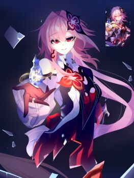 Rule 34 | 1girl, bare shoulders, black gloves, closed mouth, commentary, earrings, english commentary, evernight (honkai: star rail), flower, gloves, hair between eyes, hair flower, hair ornament, hand up, hashtag-only commentary, highres, honkai: star rail, honkai (series), jewelry, keronka, looking at viewer, low twintails, march 7th (honkai: star rail), pink hair, red eyes, single earring, smile, teeth, twintails