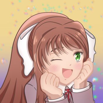 1girl blazer blush bow brown_hair doki_doki_literature_club doki_doki_literature_club_school_uniform eyebrows_hidden_by_hair foreseaable green_eyes hair_bow hair_intakes hands_on_own_cheeks hands_on_own_face happy highres jacket long_hair monika_(doki_doki_literature_club) one_eye_closed ribbon school_uniform sparkle_background two-tone_background very_long_hair wink