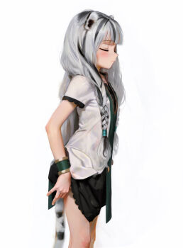 1girl absurdres animal_ears atla_fayon black_hair braid breasts closed_eyes highres loli long_hair multicolored_hair shirt simple_background small_breasts solo sweetonedollar tail tate_no_yuusha_no_nariagari tiger_tail white_background white_shirt