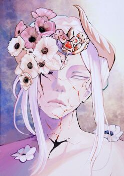 1girl blank_eyes closed_mouth cracked_skin edelgard_von_hresvelg fire_emblem fire_emblem:_three_houses flower flower_over_eye hashtag-only_commentary highres long_hair nintendo ponzuponta39 solo tiara upper_body white_eyes white_hair