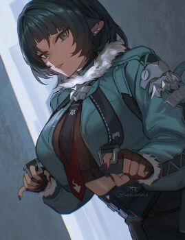 1girl absurdres animal_ears black_eyes black_gloves black_hair black_jacket black_pants black_shirt breasts closed_mouth cropped_jacket cropped_shirt fingerless_gloves gloves highres jacket jane_doe_(zenless_zone_zero) large_breasts looking_at_viewer mouse_ears mouse_girl mouse_tail nail_polish pants red_nails sadiwosan shirt short_hair smile solo tail zenless_zone_zero