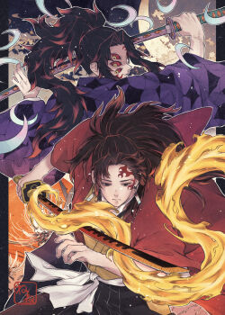 2boys absurdres black_hakama brandishe closed_mouth earrings empty_eyes forehead_tattoo hakama hanafuda_earrings hand_up haori high_ponytail highres holding holding_sword holding_weapon japanese_clothes jewelry katana kimetsu_no_yaiba kimono kokushibou long_hair male_focus multiple_boys ponytail purple_kimono red_hair red_haori red_tattoo sword tattoo tsugikuni_yoriichi very_long_hair weapon yellow_eyes yellow_kimono
