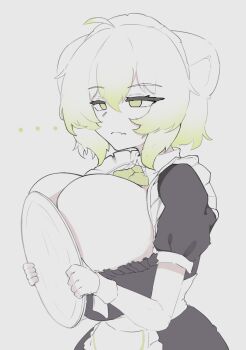 ... 1girl absurdres ahoge animal_ears breast_press breasts breasts_out fang ferret_ears ferret_girl green_eyes green_hair highres huge_breasts indie_virtual_youtuber laimu_(vtuber) large_breasts maid maid_headdress multicolored_hair plate sae_art short_hair skin_fang squishing two-tone_hair white_background white_hair