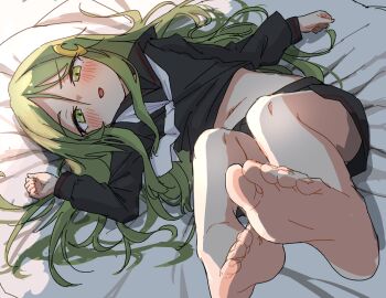 1girl absurdres barefoot black_sailor_collar black_serafuku black_skirt blush commentary_request crescent crescent_hair_ornament feet foot_focus green_eyes green_hair hair_between_eyes hair_ornament highres kantai_collection long_hair long_sleeves looking_at_viewer lying nagatsuki_(kancolle) neckerchief on_back pok_(pok_0002) sailor_collar school_uniform serafuku shirt skirt soles solo stomach very_long_hair white_neckerchief
