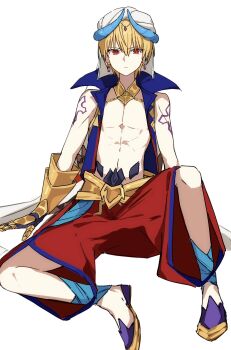 Rule 34 | 1boy, arm tattoo, blonde hair, closed mouth, commentary request, earrings, fate/grand order, fate (series), gauntlets, gilgamesh, gilgamesh (caster) (fate), gilgamesh (fate), hair between eyes, high collar, highres, jewelry, korean commentary, lkl 0010, looking at viewer, male focus, red eyes, short hair, simple background, single gauntlet, sitting, solo, tattoo, topless male, turban, vest, white background, white turban