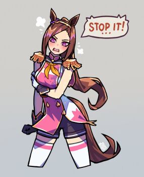 Rule 34 | 1girl, animal ears, asymmetrical gloves, bakushin o armpit gif (meme), black gloves, black shorts, blush, breasts, brown hair, commentary, embarrassed, english commentary, epaulettes, flower in eye, gloves, gold hairband, hairband, head steam, highres, horse ears, horse girl, large breasts, long hair, looking at viewer, meme, milkytiddyboy, mismatched gloves, neckerchief, open mouth, ponytail, purple eyes, sakura bakushin o (blossom in learning) (umamusume), sakura bakushin o (umamusume), shorts, single epaulette, sleeveless, solo, speech bubble, sweat, symbol in eye, tail, thighhighs, umamusume, white gloves, white thighhighs, yellow neckerchief