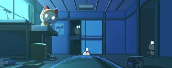 1boy backpack bag chair dark doraemon doraemon_(character) dorami frown glowing glowing_eyes indoors nobi_nobita office_chair room scary sleeping sliding_doors standing swivel_chair tsukumo_(soar99) under_covers unworn_backpack unworn_bag