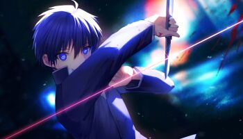 Rule 34 | 1boy, absurdres, black hair, blue eyes, commentary request, fighting stance, floating clothes, hair between eyes, highres, holding, holding knife, holding weapon, imminent attack, ji-logg, knife, looking at viewer, male focus, nanatsu-yoru, school uniform, shirt, slashing, souya high school uniform, tohno shiki, tsukihime, tsukihime (remake), upper body, weapon, white shirt