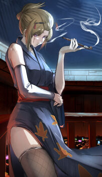 1girl asymmetrical_sleeves black_kimono blonde_hair blue_kimono breasts detached_sleeves facial_scar fishnet_thighhighs fishnets folded_ponytail gintama grey_kimono grey_sleeves hair_ornament highres holding holding_smoking_pipe japanese_clothes kimono kiseru leaf_print looking_at_viewer night outdoors parted_lips purple_eyes rebel_i sash scar scar_across_eye scar_on_cheek scar_on_face short_hair side_slit single_sleeve sleeveless sleeveless_kimono smoke smoking smoking_pipe solo standing thighhighs tsukuyo_(gintama)