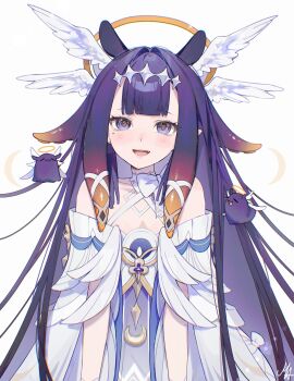 :d absurdres ani_019 bare_shoulders blunt_bangs center-flap_bangs columbina_(genshin_impact) columbina_(genshin_impact)_(cosplay) commentary cosplay dress english_commentary feathered_wings flat_chest genshin_impact gradient_hair grey_eyes halo head_wings highres hololive hololive_english long_hair mole mole_under_eye multicolored_hair ninomae_ina'nis off-shoulder_dress off_shoulder open_mouth orange_hair pointy_ears purple_eyes purple_hair sidelocks smile straight_hair takodachi_(ninomae_ina'nis) tentacle_hair upper_body very_long_hair virtual_youtuber white_dress white_wings wings