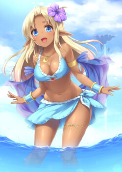 1girl :d bikini blonde_hair blue_eyes blush breasts cleavage cloud dark-skinned_female dark_skin day elf female_focus floating_island flower hair_flower hair_ornament hibiscus jewelry knees leaning_forward long_hair medium_breasts navel necklace open_mouth original outstretched_arms parted_bangs pointy_ears sarong sasaame skindentation sky smile solo spread_arms standing swimsuit thigh_strap wading water waterfall wristband