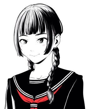 Rule 34 | 1girl, braid, collarbone, commentary request, highres, lee (dragon garou), light blush, long hair, low twin braids, monochrome, neckerchief, original, portrait, profile, red neckerchief, school uniform, serafuku, sideburns, sidelocks, smile, solo, spot color, twin braids