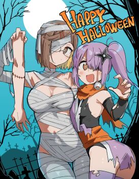 2girls bandages blush breasts brown_eyes brown_hair glasses graveyard hair_ornament hairclip halloween halloween_costume highres holding_own_arm hundredburger japanese_clothes kimono koga_konoha kusagakure_satoko long_hair looking_at_viewer moon multiple_girls mummy_costume naked_bandage night ninja ninja_to_koroshiya_no_futarigurashi open_mouth orange_scarf outdoors purple_hair scarf shirt shuriken_hair_ornament side_ponytail sleeveless smile stitches thighhighs torn_clothes tree zombie