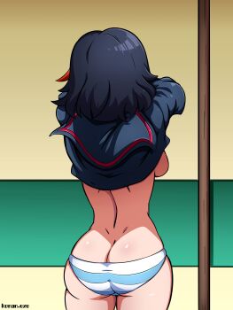 1girl artist_name ass backboob black_hair black_shirt blue_panties breasts clothes_lift cowboy_shot female_focus from_behind indoors kill_la_kill konan_exe matoi_ryuuko medium_breasts medium_hair no_bra panties red_shirt redrawn shirt shirt_lift solo standing striped_clothes two-tone_panties two-tone_shirt underwear undressing white_panties