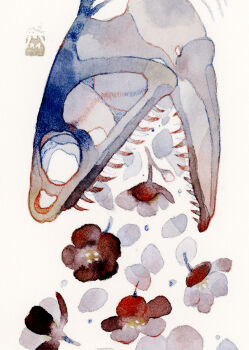 brown_flower commentary_request dinosaur_skeleton flower fossil highres myun_(moukin_no_ana) no_humans original sharp_teeth simple_background skeleton teeth white_background