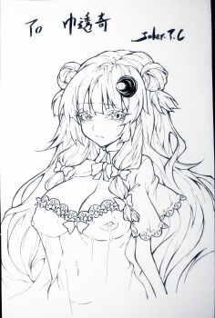 Rule 34 | 1girl, absurdres, blunt bangs, bow, bowtie, breasts, capelet, cleavage, closed mouth, commentary, crescent, crescent hat ornament, dress, frilled capelet, frills, greyscale, hair bow, hat ornament, highres, joker (stjoker), large breasts, long hair, looking at viewer, monochrome, navel, nipples, patchouli knowledge, see-through clothes, see-through dress, sidelocks, signature, solo, touhou, upper body