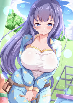1girl belt blue_eyes blue_jacket blue_pants blue_sky blush breasts cloud collarbone commentary_request day field hair_between_eyes hammer highres holding holding_hammer jacket ladder large_breasts lens_flare long_hair looking_at_viewer misumi_aoi ongeki outdoors pants purple_hair shirt sky smile solo standing star_(symbol) star_print tools tree utility_belt very_long_hair white_shirt xenon_(for_achieve)
