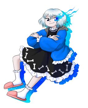 1girl black_dress blue_eyes blue_jacket bone crossed_arms dress drop_shadow frilled_dress frilled_socks frills genderswap genderswap_(mtf) glowing glowing_eye highres hood humanization jacket nolifemonarch sans_(undertale) shadow slippers smile socks solo touhou undertale utdr_(toby_fox) white_hair zun_(style)