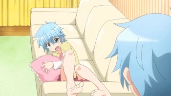1boy 1girl angry animated animated_gif annoyed barefoot blue_eyes blue_hair couch feet sansha_san'you siblings soles toes tossing tsuji_hajime tsuji_sasame