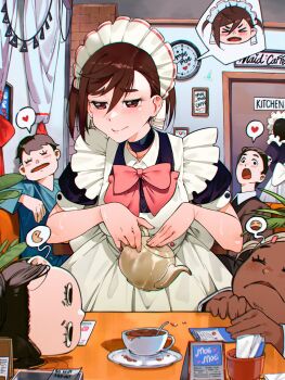 2boys 4girls apron ayase_momo black_choker black_dress black_hair blonde_hair blush bow bowtie brown_hair cesar_art456 choker closed_mouth cup dandadan dark-skinned_female dark_skin dress hair_between_eyes hair_ornament hairclip heart highres holding holding_teapot indoors leaning_on_table looking_at_another maid maid_apron maid_cafe maid_headdress miko_(dandadan) muko_(dandadan) multiple_boys multiple_girls official_alternate_costume official_alternate_hairstyle open_mouth pink_bow pink_bowtie puffy_short_sleeves puffy_sleeves short_hair short_sleeves sitting spanish_commentary spoken_character spoken_emoji spoken_heart standing table tea teacup teapot twintails upper_body white_apron