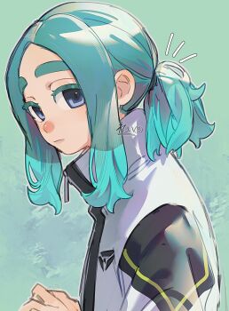 121111yu 1boy absurdres alternate_hairstyle aqua_hair bad_tag blue_eyes green_background highres inazuma_eleven_(series) inazuma_eleven_victory_road jacket looking_at_viewer male_focus medium_hair ponytail sasanami_unmei solo upper_body white_jacket