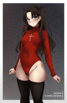 1girl absurdres adapted_costume black_hair black_ribbon black_thighhighs blue_eyes blush border bow breasts closed_mouth covered_navel cowboy_shot cross cross_print curvy embarrassed fate/stay_night fate_(series) gradient_background groin hair_bow hair_ornament hair_ribbon heattech_leotard highleg highleg_leotard highres leotard long_hair long_sleeves looking_at_viewer medium_breasts mons_pubis nose_blush paid_reward_available parted_bangs pussy_juice red_leotard ribbon sidelocks skin_tight skindentation sleeved_leotard smile solo standing thick_thighs thighhighs thighs tohsaka_rin tsundere turtleneck twintails twitter_username two_side_up xkzan