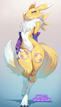 1girl :3 animal_ears animal_feet animal_nose arm_behind_back artist_name black_sclera blue_eyes body_fur bridal_gauntlets chromatic_aberration claws closed_mouth colored_sclera digimon digimon_(creature) facial_mark female_focus fox_ears fox_girl fox_tail furry furry_female gradient_background groin half-closed_eyes hand_on_own_thigh happy highres leg_tattoo leg_up legs looking_at_viewer narrow_waist neck_fur patreon_username purple_bridal_gauntlets renamon seductive_smile signature simple_background smile snout solo standing standing_on_one_leg suahh tail tattoo thick_thighs thighs two-tone_fur watermark web_address white_fur wide_hips yellow_fur yin_yang