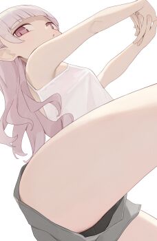 1girl :o black_panties blunt_bangs breasts camisole commentary grey_shorts highres hiroki_(yyqw7151) interlocked_fingers long_hair looking_at_viewer open_mouth original own_hands_together panties panties_under_shorts pink_eyes pink_hair shorts simple_background small_breasts solo underwear upshorts white_background white_camisole