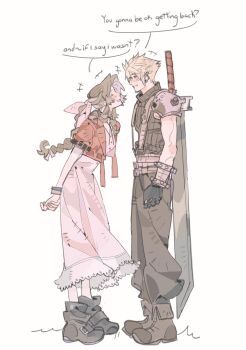 1boy 1girl aerith_gainsborough armor armored_gloves arms_behind_back baggy_pants bangle belt black_gloves black_pants blonde_hair boots bracelet braid braided_ponytail breasts brown_boots buster_sword choker closed_eyes cloud_strife couple cropped_jacket dress english_text final_fantasy final_fantasy_vii final_fantasy_vii_rebirth final_fantasy_vii_remake flirting full_body gloves grey_shirt hair_between_eyes hair_ribbon hetero highres jacket jewelry long_dress looking_at_another medium_breasts mmmckayyy multiple_belts pants parted_bangs parted_lips pauldrons pink_dress pink_ribbon red_jacket ribbon shirt short_hair short_sleeves shoulder_armor sidelocks single_braid single_pauldron sleeveless sleeveless_turtleneck smile speech_bubble spiked_hair suspenders turtleneck weapon weapon_on_back white_background