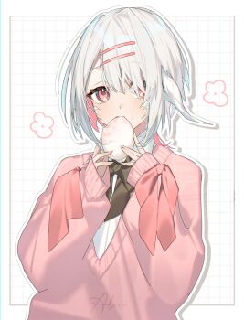 1girl absurdres au_ra collared_shirt commentary dragon_girl dragon_horns eating final_fantasy final_fantasy_xiv food hair_ornament hairclip highres horns looking_at_viewer motsuni_(lxxe1120) parallel_hairclips pink_sweater red_eyes scales shirt short_hair signature solo steamed_bun sweater symbol-only_commentary upper_body warrior_of_light_(ff14) white_hair white_shirt