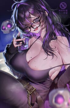 Rule 34 | 1girl, antenna hair, bare shoulders, belt, black-framed eyewear, black cardigan, blurry, blurry foreground, breasts, cardigan, cardigan partially removed, celyn404, cleavage, commentary, dress, drooling, floating skull, goddess of victory: nikke, hair intakes, hair over one eye, hand in own hair, highres, label (nikke), large breasts, long hair, looking at viewer, mole, mole on breast, mouth drool, open mouth, purple dress, purple eyes, purple streaks, sitting, sleeveless, sleeveless dress, solo, strap slip, taut clothes, taut dress