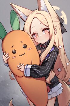 1girl animal_ear_fluff animal_ears black_jacket blonde_hair blue_archive closed_mouth cosplay extra_ears fox_ears fox_girl fox_tail halo highres holding holding_stuffed_toy jacket kokona_(blue_archive) kokona_(blue_archive)_(cosplay) long_hair long_sleeves looking_at_viewer miya_(miyaruta) pink_eyes pinstripe_jacket pinstripe_pattern seia_(blue_archive) solo striped_clothes striped_jacket stuffed_animal stuffed_carrot stuffed_toy tail vertical-striped_clothes vertical-striped_jacket yellow_halo
