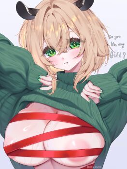 1girl animal_ears breasts brown_hair clothes_lift covered_erect_nipples gift_wrapping green_eyes green_nails green_sweater highres huge_breasts indie_virtual_youtuber large_areolae large_breasts looking_at_viewer nimi_nightmare sillymyne sweat sweater sweater_lift tapir_ears tapir_girl virtual_youtuber white_background
