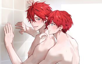 2boys against_wall amagi_hiiro amagi_rinne bathroom bite_mark bite_mark_on_neck bite_mark_on_shoulder blue_eyes brothers donburi_rn earrings ensemble_stars! from_side height_difference highres incest jewelry male_focus multiple_boys nipples nude puff_of_air red_hair shared_bathing siblings upper_body yaoi
