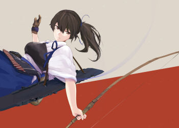 1girl black_hair bow_(weapon) brown_eyes brown_gloves brown_hair commentary gloves hair_between_eyes hand_up holding holding_bow_(weapon) holding_weapon japanese_clothes kaga_(kancolle) kantai_collection muneate partially_fingerless_gloves partly_fingerless_gloves serious side_ponytail simple_background single_glove solo takeshima_satoshi tasuki two-tone_background weapon yugake