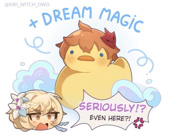 1boy 1girl anger_vein blonde_hair blue_eyes blush english_text genshin_impact hair_bun highres kiki_witch lumine_(genshin_impact) open_mouth orange_hair rubber_duck speech_bubble tartaglia_(genshin_impact) twitter_username water yellow_eyes