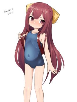 1girl absurdres belly blue_one-piece_swimsuit bow brown_eyes brown_hair covered_navel dated flat_chest hair_bow highres kamikaze_(kancolle) kantai_collection loli long_hair maru_(marg0613) old_school_swimsuit one-hour_drawing_challenge one-piece_swimsuit school_swimsuit simple_background solo swimsuit twitter_username white_background yellow_bow