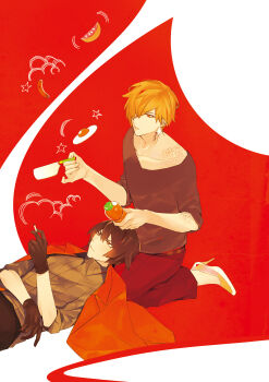 Rule 34 | 2boys, absurdres, androgynous, arm tattoo, black gloves, choutsugai shirou, cigarette, collared shirt, commentary request, egg (food), food, fried egg, gloves, high heels, highres, holding, holding cigarette, isshiki suzu, jacket, juice, kurosawa (adelta), male focus, multiple boys, neck tattoo, official art, orange eyes, orange jacket, red background, sausage, shirt, shoulder tattoo, tattoo, uuultra c, yaoi