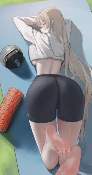 1girl absurdres ass barefoot bike_shorts blonde_hair blush feet highres laneigu long_hair looking_at_viewer looking_back lying on_stomach parted_lips soles toes yellow_eyes yoga_mat