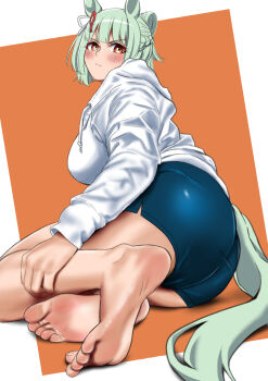 1girl animal_ears aqua_hair aqua_tail ass bare_legs barefoot blue_shorts blush border breasts commentary_request dolphin_shorts feet folded_ponytail foreshortening fujimasa_march_(umamusume) full_body hair_ornament hakase_yurisuki hand_on_own_leg highres hood hood_down horse_ears horse_girl large_breasts legs long_sleeves looking_at_viewer orange_background orange_eyes short_shorts shorts soles solo toenails toes umamusume v-shaped_eyebrows white_border white_hood