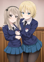 Rule 34 | 2girls, absurdres, assam (girls und panzer), black necktie, black pantyhose, black ribbon, blonde hair, blue eyes, blue skirt, blue sweater, braid, brown eyes, closed mouth, commentary request, darjeeling (girls und panzer), dress shirt, emblem, girls und panzer, hair ribbon, hands on another&#039;s shoulders, highres, indoors, inoshira, light brown hair, light frown, long hair, long sleeves, looking at viewer, miniskirt, multiple girls, necktie, one side up, pantyhose, parted lips, partial commentary, pleated skirt, ribbon, school uniform, shimada arisu, shirt, short hair, side-by-side, skirt, smile, spoilers, st. gloriana&#039;s (emblem), st. gloriana&#039;s school uniform, standing, sweater, twin braids, v-neck, white shirt, wing collar