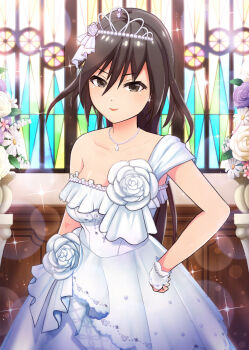 1girl breasts brown_eyes brown_hair church closed_mouth collarbone commentary_request corsage cowboy_shot dot_nose dress flower hand_on_own_hip indoors jewelry lens_flare lips long_skirt looking_at_viewer madarame_setsuna medium_breasts necklace official_art project_tokyo_dolls purple_flower purple_rose rose second-party_source short_hair single_off_shoulder skirt smile solo sparkle stained_glass tiara wedding_dress white_dress white_flower white_rose white_skirt white_wrist_cuffs wrist_cuffs