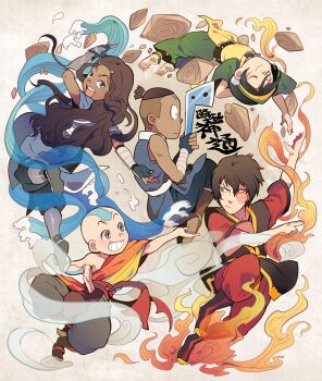 aang asymmetrical_clothes avatar:_the_last_airbender avatar_legends bald blue_eyes boomerang brown_hair dark_skin fire hydrokinesis katara pyrokinesis rock scar sokka t_k_g tattoo toph_beifong water wind zuko