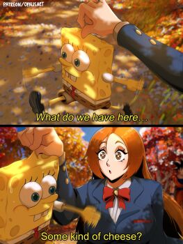 1boy 1girl artist_name bleach bleach:_sennen_kessen-hen blue_eyes branch breasts brown_eyes brown_pants crossover english_text fortnite height_difference highres inoue_orihime karakura_high_school_uniform large_breasts long_hair necktie opalis orange_hair pants parted_lips patreon_username red_ribbon ribbon school_uniform spongebob_squarepants spongebob_squarepants_(series) tree