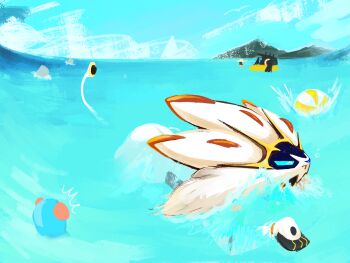 1girl afloat ball beachball blue_sky cloud cloudy_sky commentary english_commentary gen_1_pokemon gen_7_pokemon highres in_water joe1707 legendary_pokemon lion mountain necrozma necrozma_(normal) nintendo ocean pokemon pokemon_sm pool_float sky solgaleo splashing tentacool