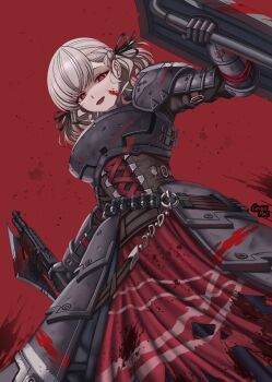 1girl absurdres armor axe blood blood_on_clothes blood_on_face caiman_pool combat_shotgun dual-mode_shotgun girls&#039;_frontline grey_hair gun hair_ribbon highres holding long_hair looking_at_viewer official_alternate_costume plate_armor pump-action_shotgun pump_action red_background red_eyes ribbon semi-automatic_shotgun shield shotgun shotgun_shell solo spas-12 spas-12_(girls&#039;_frontline) spas-12_(goblin_huntress)_(girls&#039;_frontline) twintails weapon