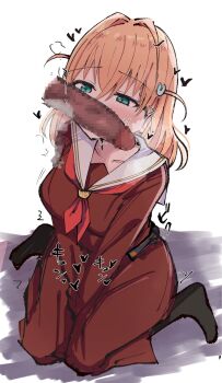 1girl arms_between_legs belt black_belt black_socks brown_dress censored commentary_request dress hair_ornament heart highres hinoshita_kaho imminent_fellatio kneeling link!_like!_love_live! love_live! medium_hair neckerchief orange_hair penis red_neckerchief school_uniform socks wewe white_background