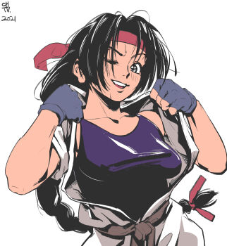 Rule 34 | 1girl, absurdres, braid, breasts, chtv, commentary request, dougi, fingerless gloves, gloves, headband, highres, long hair, looking at viewer, one eye closed, open mouth, red headband, ryuuko no ken, simple background, single braid, smile, solo, the king of fighters, white background, yuri sakazaki