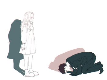 1boy 1girl amputee apologizing black_hair boku_no_hero_academia dogeza dress eri_(boku_no_hero_academia) facial_hair forehead formal_clothes highres horns limited_palette long_hair long_sleeves oru_2ji overhaul_(boku_no_hero_academia) red_eyes shadow short_hair single_horn slippers socks spot_color stubble suit white_background white_dress yellow_eyes